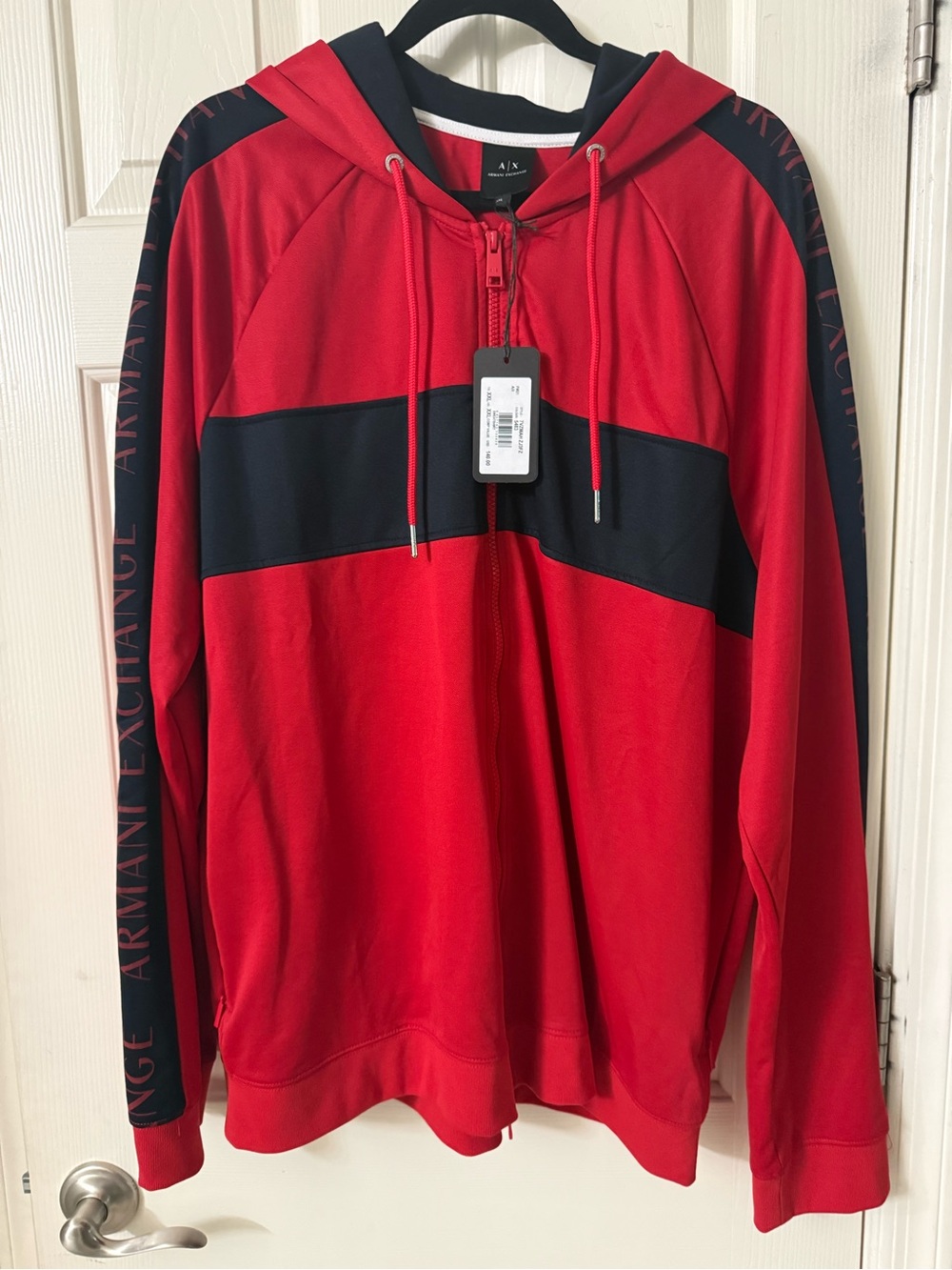 New Armani Exchange Red and Black Zip-Up Hoodie